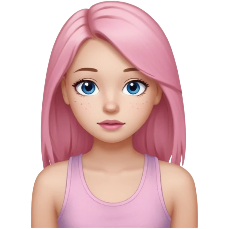 Create a TEENAGE girl with LONG and straight light brunette hair with a middle part, light skin, light freckles, and blue-gray eyes. She will have pink lips and LONG eyelashes. She will be wearing a light pink tank top emoji