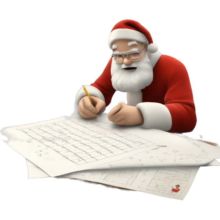 White Father Christmas is sitting on a desk, writing something down on a sheet of paper, solving complicated math puzzles, you can see the math tasks/ exercises emoji