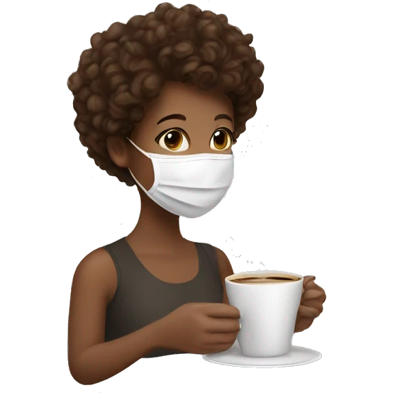short curly brown hair girl with face mask on sipping coffee emoji