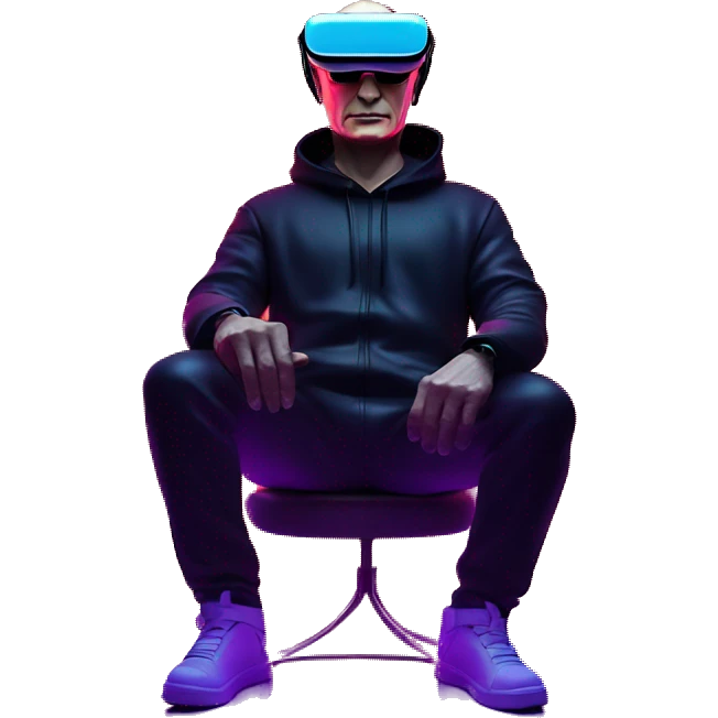 Vladimir Putin wearing a black hoodie with "OMG" letters on it and VR headset oculus quest 2 in a cyberpunk VR environment with violet neon lighting. emoji