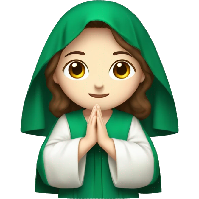 Serene and kind face pale skin with with brown hair. Wearing an emerald green  robe and white veil. Hands in prayer or blessing. Halo around her head. Often standing on a crescent moon.  emoji