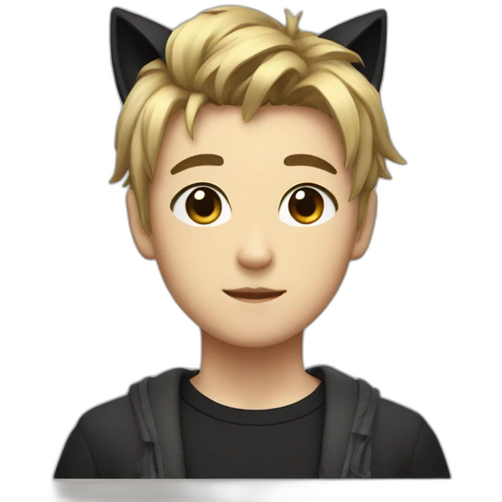 Japanese boy, with black cat ears and a cute hair style in black emoji
