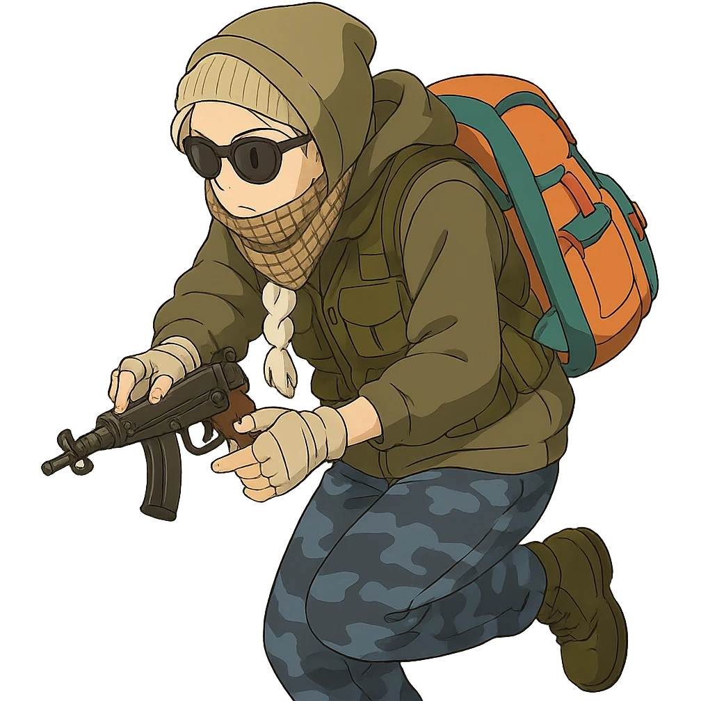 1 female, long white braid, knit cap, dark sunglasses, shemegh neckwrap, fishing vest, vibrant shool backpack, drab hoodie, handwraps, blue camo pants, tactical reload of a VZ-64 Scorpion, hunched over, on the move emoji
