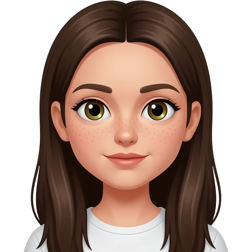 haz una chica con ojos marrones y verdes, con pelo muy largo, liso y castaño muy oscuro, con pecas emoji