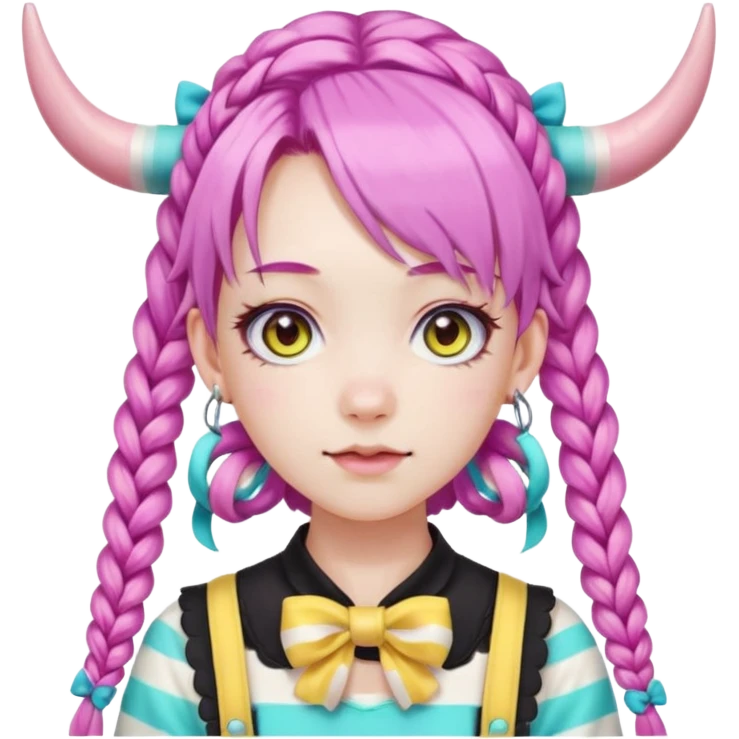 En anime-ku-jente med to rosa lange tykke fletter og cyan striper i håret, ku-horn og ku-ører, sort BH-topp over en gul cropped-fleece-blouse, lilla øyne, søt sløyfe på halsen  emoji