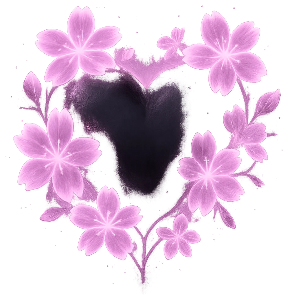 goth sakura heart, soft glow, black heart with luminous pink sakura, ethereal and dreamy emoji