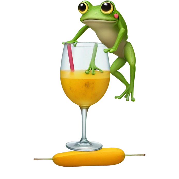 Frog doing a handstand on a glass of squash with a straw with a worm in it  emoji