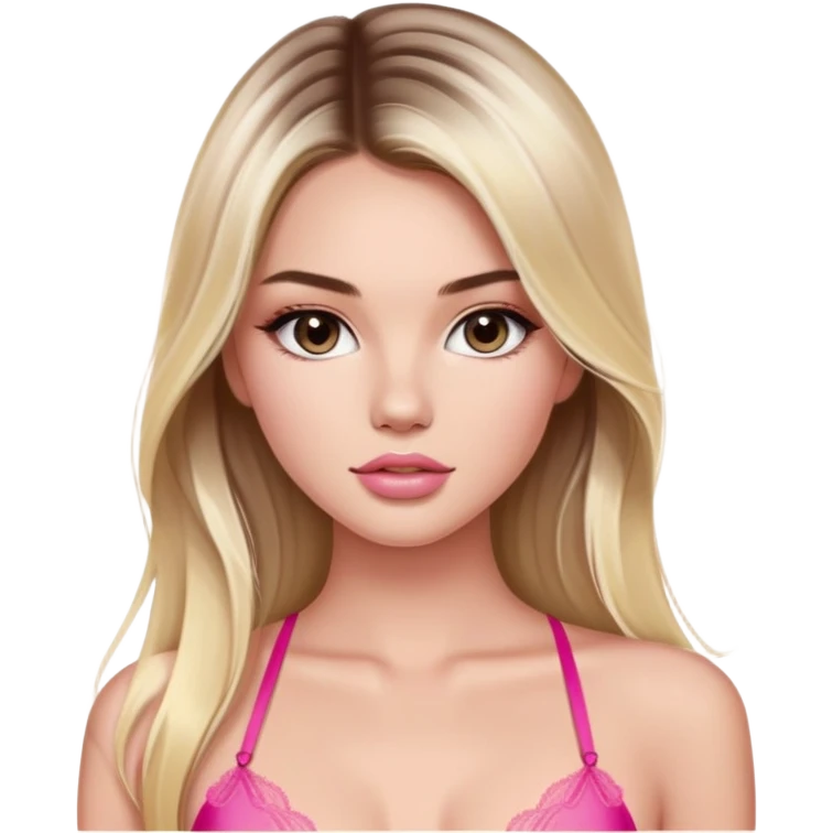 Victoria’s Secret model with long light blonde straight balayage hair, dark brown almond and small eyes, oval face, small lips, wearing pink lingerie emoji