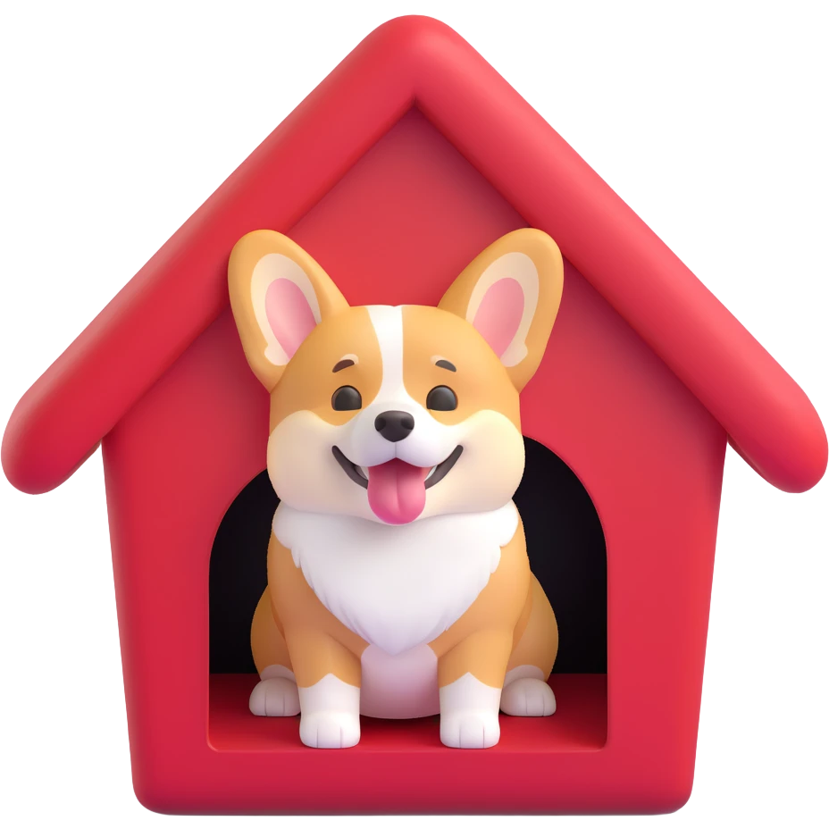 Refine the corgi in the doghouse so its fur, shading, and overall texture exactly match the original 3D emoji style—smooth, slightly glossy, and realistic, with the same lighting and material feel as the original dog. Keep the red house and pose unchanged. emoji