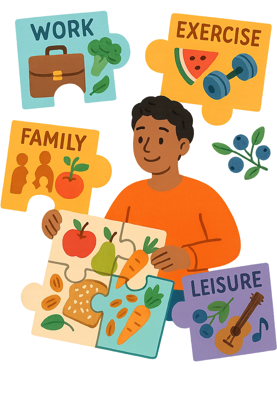 a person is surrounded by puzzle pieces, each representing a different aspect of their life (work, exercise, family, leisure), and healthy foods are integrated into each piece. The person assembles the puzzle, creating a complete, personalized nutrition plan. The mood is uplifting and creative. emoji