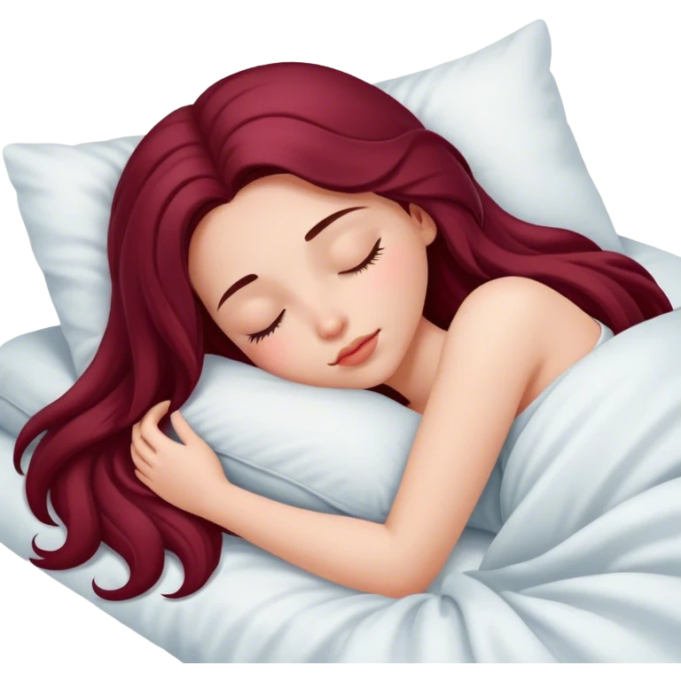 A beautiful, burgundy long haired girl sleeping in bed emoji