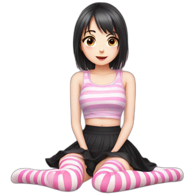 full body Front view emo girl sits on the floor black skirt pink knickers striped stockings emoji