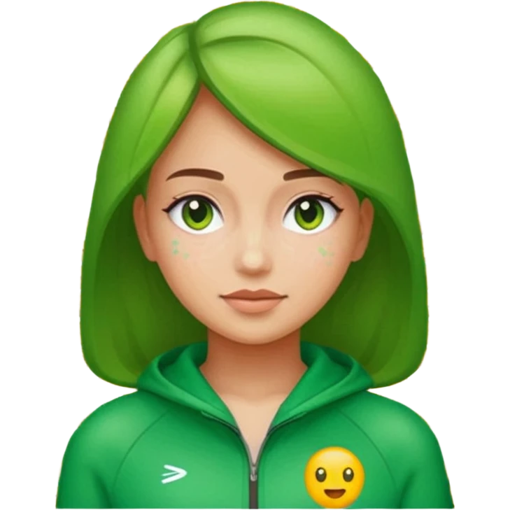 ​"A mosaic portrait of a girl in a green tracksuit, made of tiny emojis, digital art style, pixelated emoji textures, vibrant colors, creative composition." emoji