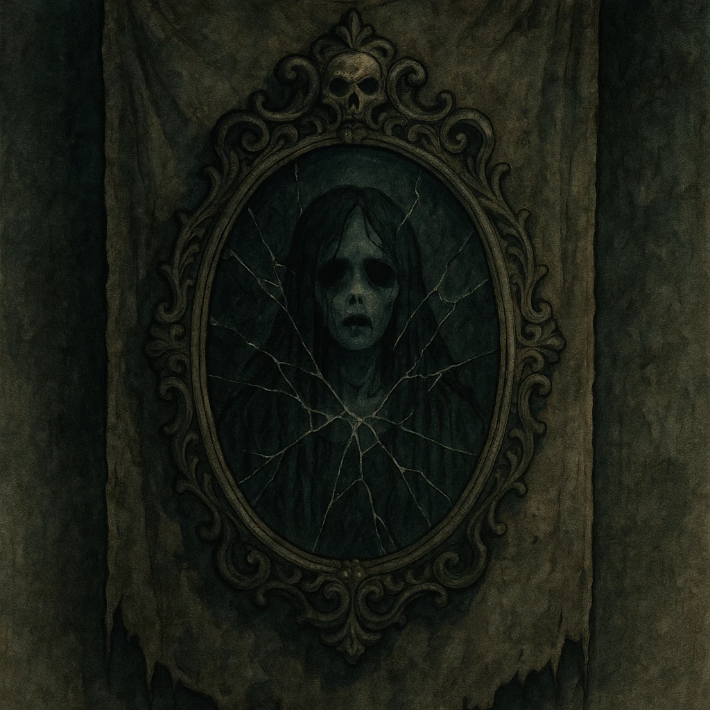 creepy banner, cursed mirror with ghostly reflection and shattered glass, supernatural horror style emoji