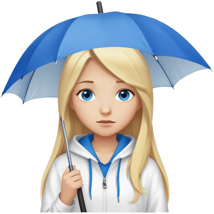Cinematic realistic emojis in the form of a blonde girl with long hair, blue eyes, wearing a white hoodie, holding an umbrella over her emoji