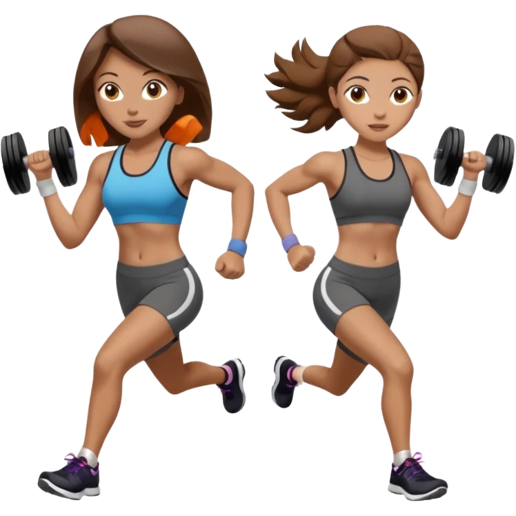 two women. the left one is running. the right one is lifting weights. they have brown hair, light skin, hazel eyes. emoji