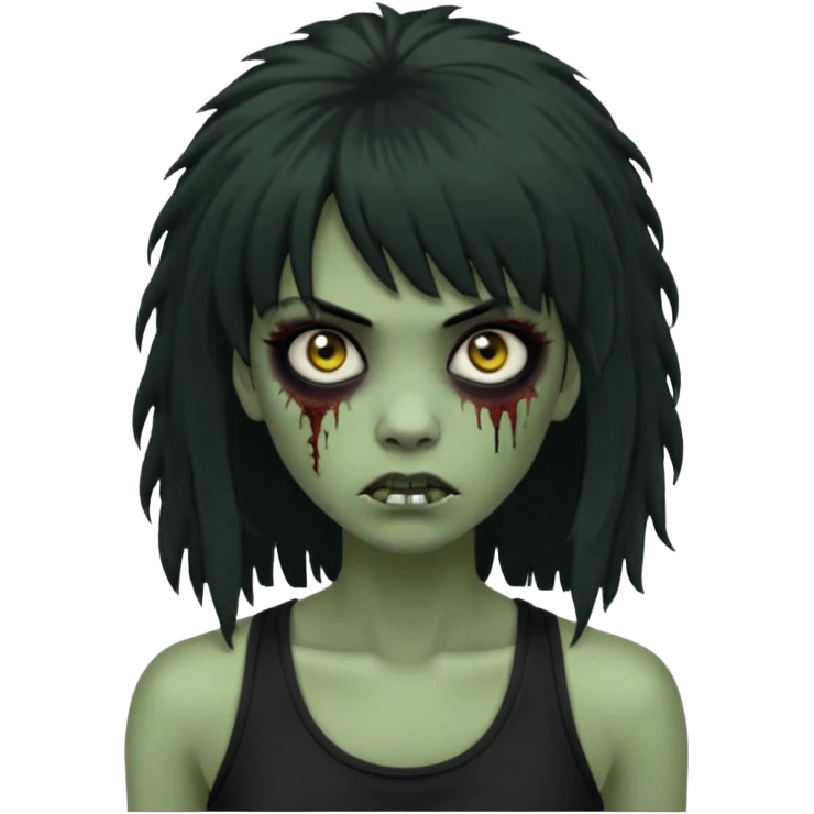 a female zombie with sage green skin, black long afro hair with bangs, and a black tank top  emoji