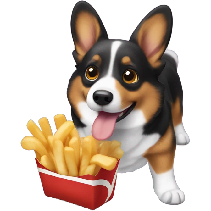 Black corgi with one floppy ear eating a french fry emoji