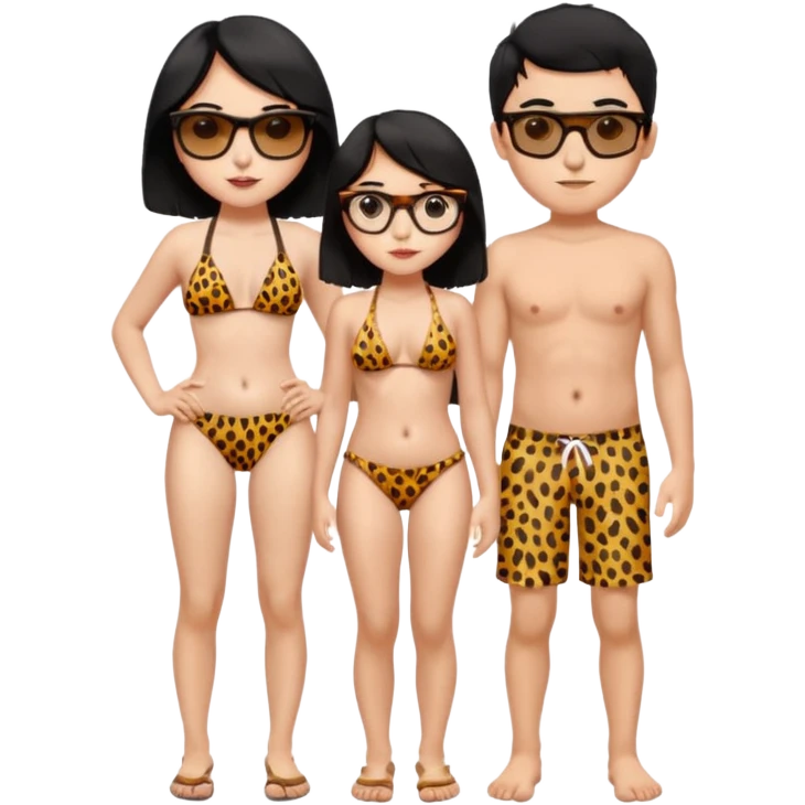 black haired girl with big boobs with shades on... wearing a cheetah print bikini standing with a boy with black hair wearing glasses and shirt less emoji