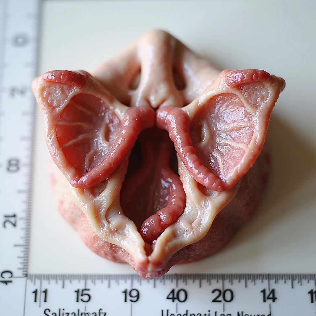 Pig thyroid gland, anatomical view, isolated on white background, hyperrealistic 4K, with a ruler for scale, clear anatomical details emoji
