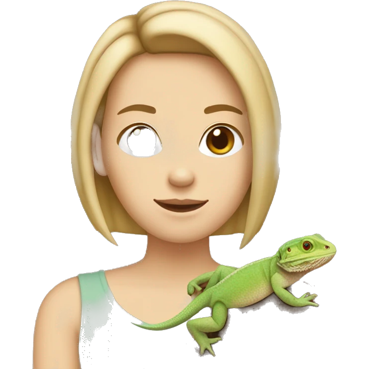 white girl with brown bob haircut holding bearded dragon lizard  emoji