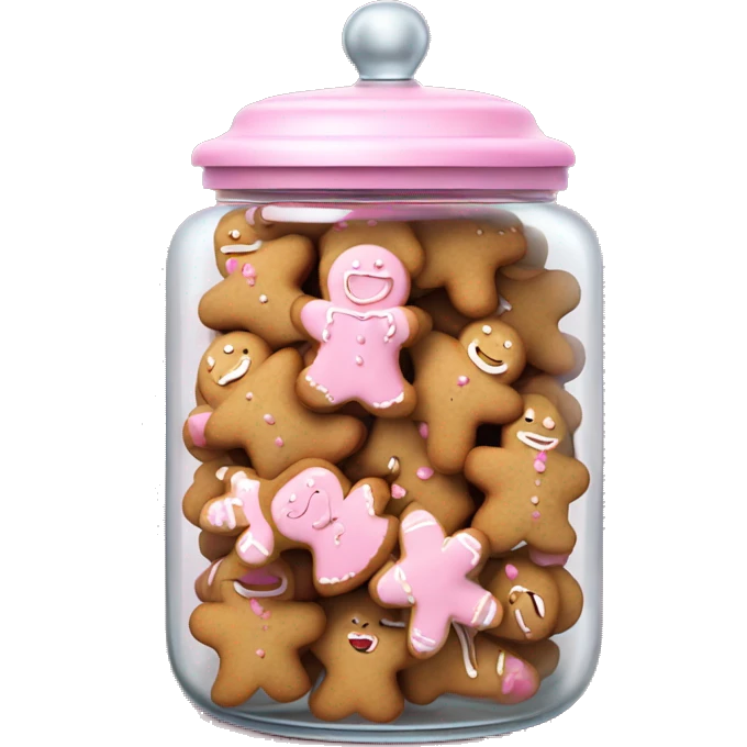 Realistic glass cookie jar with light pink lid full of gingerbread cookies isolated.  emoji