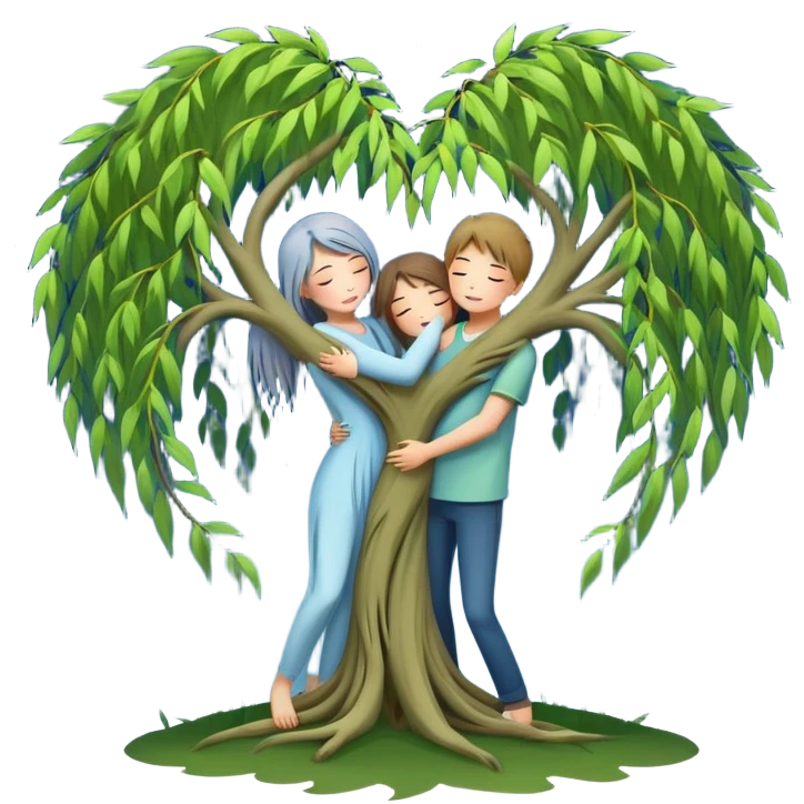 heart-shaped weeping willow tree surrounding two friends hugging in a comforting way, supportive embrace, with a blue moon rising behind the tree emoji