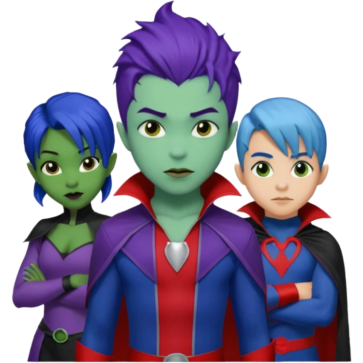 Solo poly platonic relationship, one African girl, one Asian boy, one biracial features Asian tomboy girl rat-tail hair long and upper masculine hair 90s, vampire and marvel cosplay elements inspired  use marvel race, like instead of obvious human, green purple blue etc,  emoji