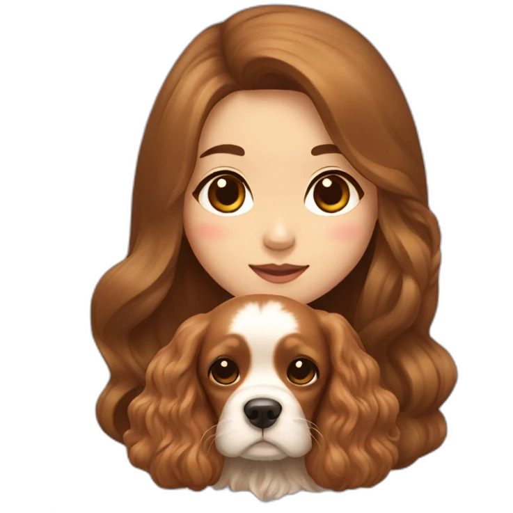 korean girl in long brown hair sits with caramel cocker spaniel emoji