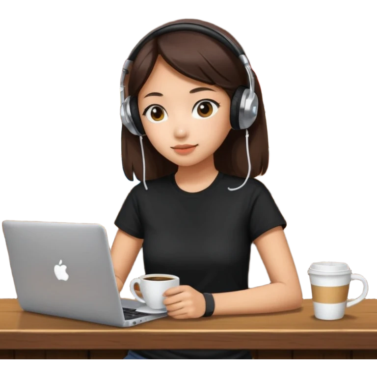 A Korean girl at a dive bar with a laptop and headphones on holding a cup of coffee emoji