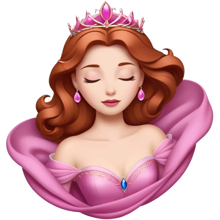 Cinematic Majestic Sleeping Beauty Portrait Emoji, rendered in a clean, vector-style with bold, simplified shapes. Show Aurora with a serene, noble expression, luminous porcelain skin, and elegantly flowing auburn hair, dressed in an opulent pink ball gown. The design radiates a majestic, enchanted glow with high shine and a soft glowing outline, embodying classic royal elegance. emoji