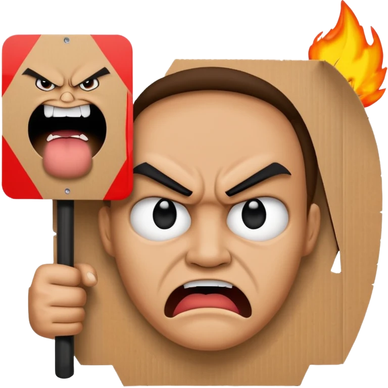 A protester with a sign with an angry face on the sign emoji