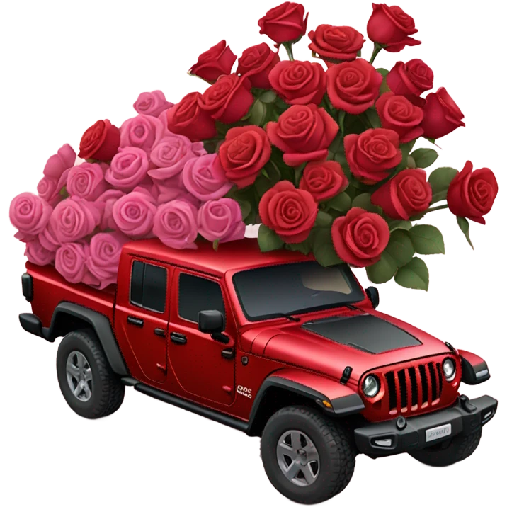Realistic Red Jeep Gladiator with the truck bed full of different shades of red and pink roses. emoji