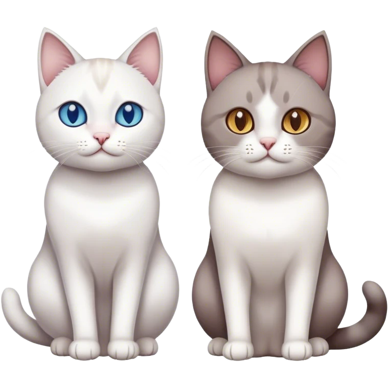Two cat, one is white with different eyes color, another one is brown and gray and white. emoji