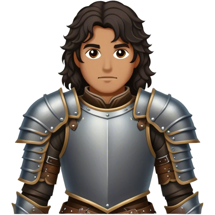 medieval battle armor worn by a DnD themed fantasy character. basic studded leather armor with reinforced shoulder guards. armor only above the waist. The armor full waist. The character's haven't arms. character is black hair brown eyes long wavy hair tan-skinned man. emoji