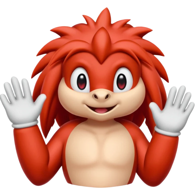 Sonic the hedgehogs friend knuckles a red animal with peach arms and white mittens, he’s a echidna with red eyes emoji