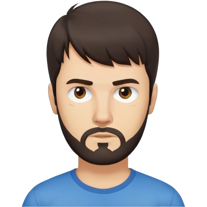 Caucasian Argentine man with straight dark brown hair, loose hairstyle with bangs, short full beard, serious-neutral expression, basic blue t-shirt emoji