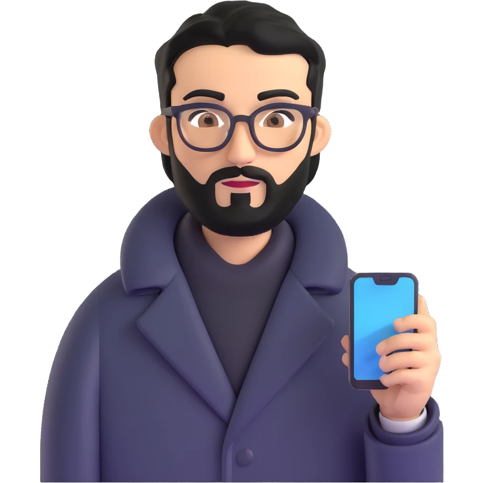 professional man standing upright, wearing black coat, with medium black beard, neat black hair, connected unibrow, olive tan skin, brown eyes, glasses, prominent nose, holding a smartphone emoji