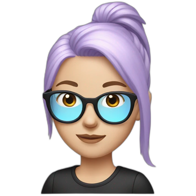 White girl with light purple hair with Ponytail and pastel pink and pastel blue glasses with a black shirt emoji