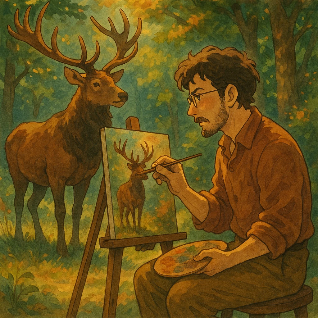 a man painting an elk, unique artistic style, detailed, expressive, warm colors emoji