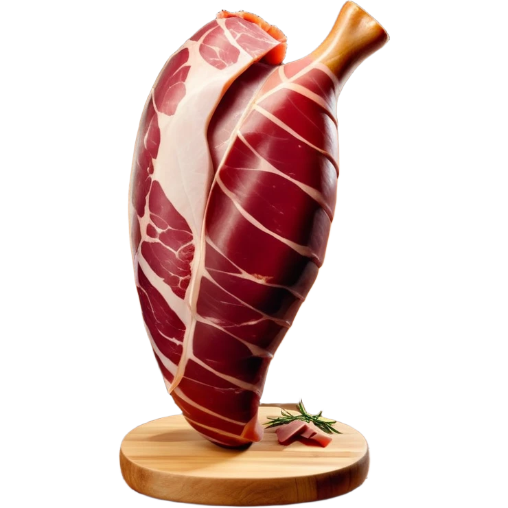 _cinematic-realistic-spanish-ham-leg,-depicted-as-a-massive,-cured-leg-of-jamón-serrano-(ham)-with-a-deep-reddish-brown-hue on the outside,-intricately-marbled-and-slightly-glossy-with-age,-elegantly-displayed-on-a-rustic-wooden-stand-and-bathed-in-warm - jamon prosciutto emoji
