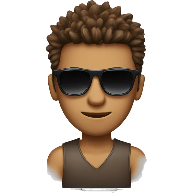 Person with faux hawk brown hair and sunglasses behind a laptop emoji