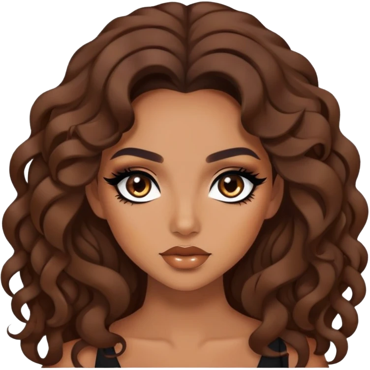 tan skin, loose brown curls, baddie,pretty, makeup, black eyeliner, long hair emoji