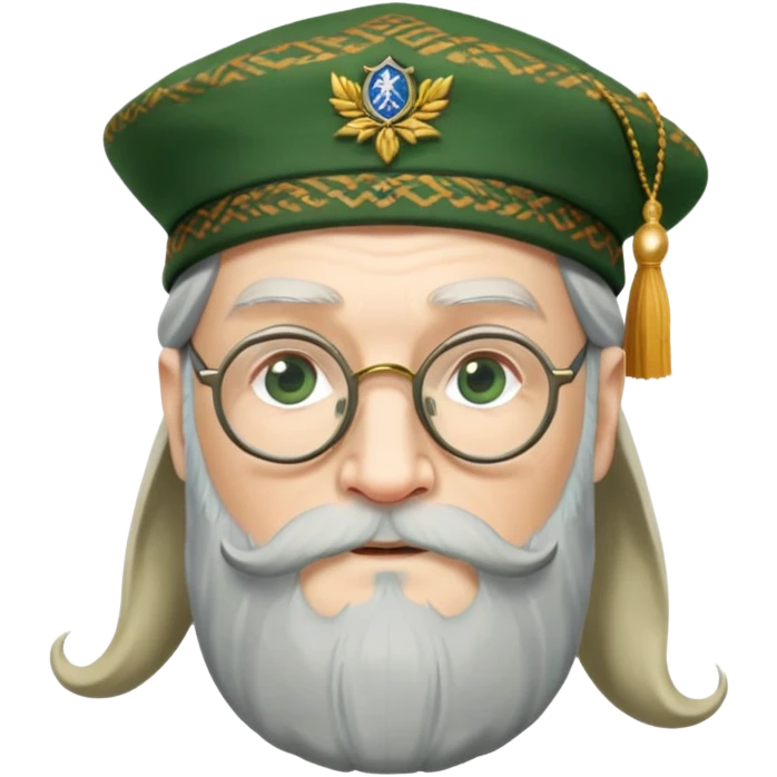 Dumbledore wear green scotland Tam o'shanter cap with decorative patterns, wear glasses, very long beard emoji