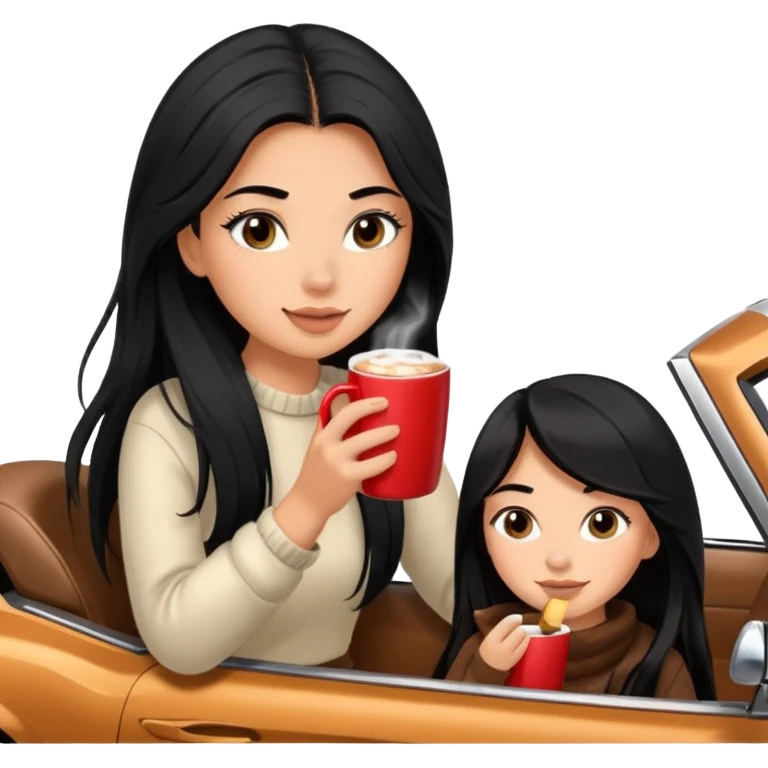 anned Girl with lashes , bright black long hair, in an extremely big fluffy brown mustang, and drinking hot chocolate drink emoji