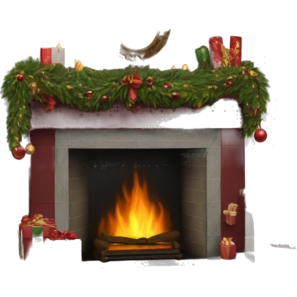 Realistic decorated burgundy Christmas fireplace emoji