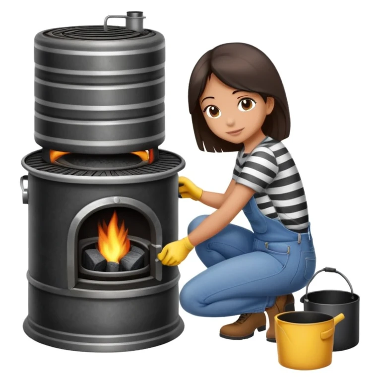 Metal cylindrical coal stove with a girl cleaning it while kneeling, seen from behind, wearing jeans and a striped shirt emoji