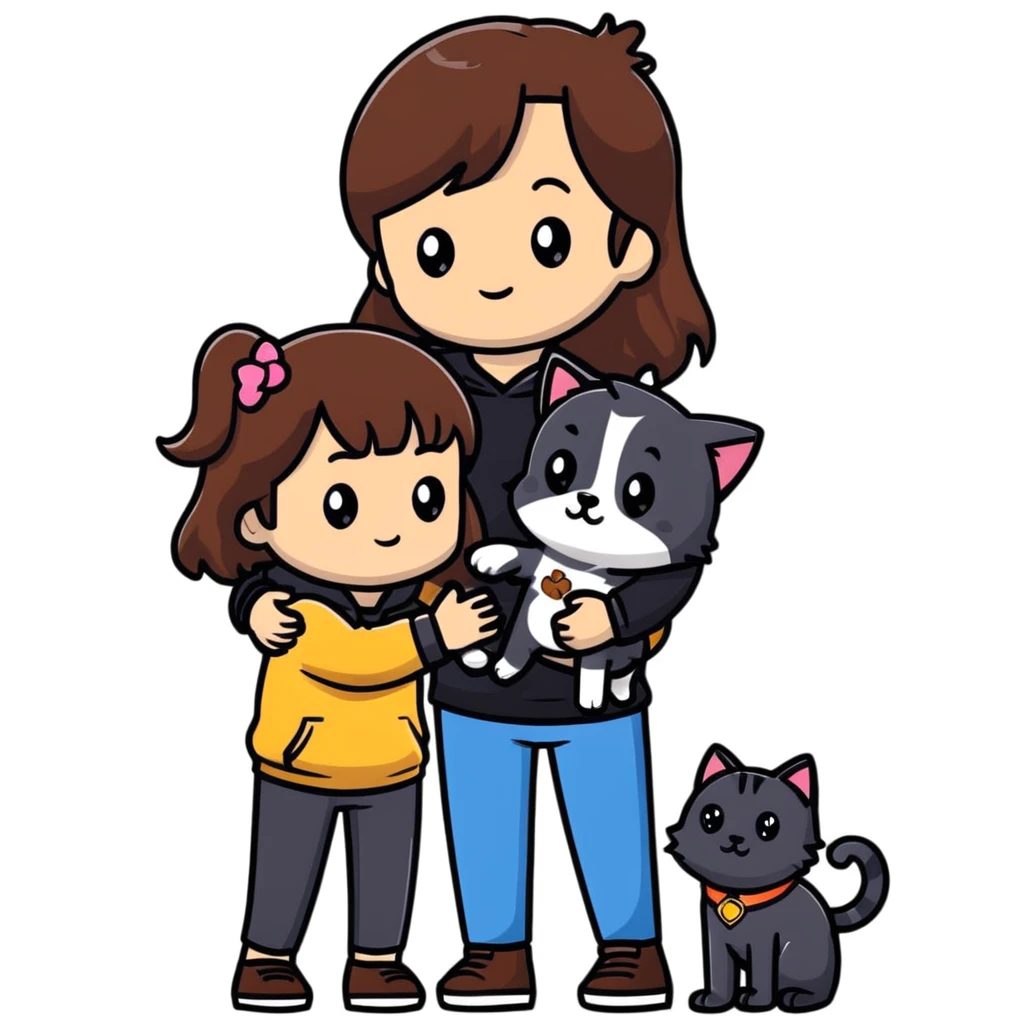 A girl with long brown hair holding the hand of a boy with black hair, both dressed in black, holding a cat and dog emoji