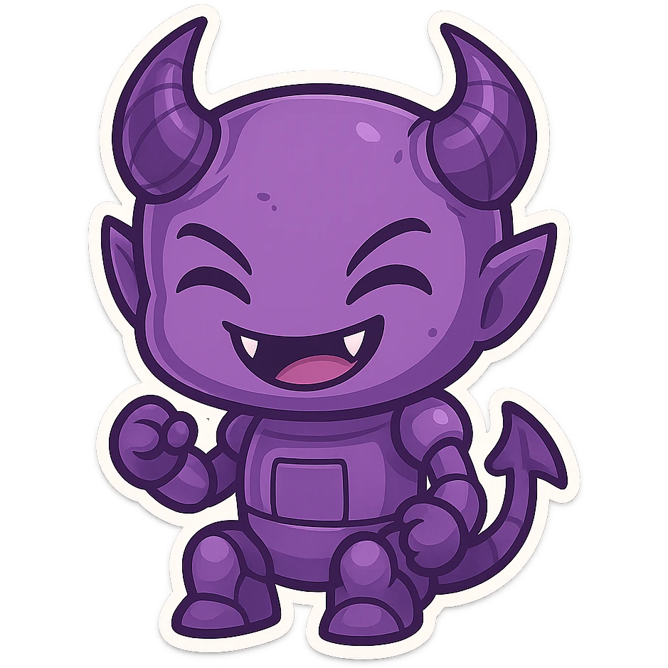 purple demon bot, chibi style, mischievous grin, tiny fangs emoji