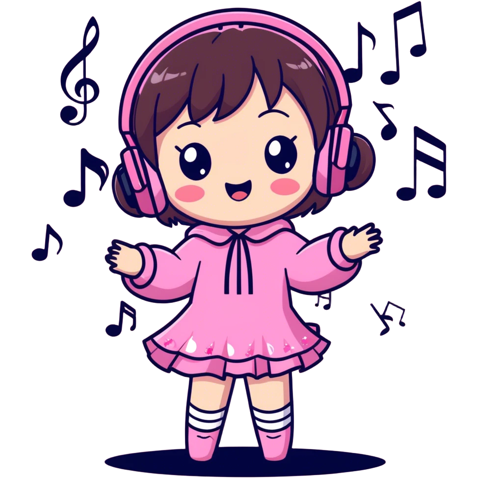 Cute little brunette anime girl wearing sparkly pink singing a song on stage with music notes all around   emoji